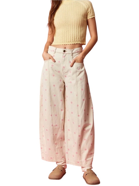 Peach Love California Denim - NEW Peach Love Barrel Jeans L Baggy Wide Leg Campus Closet Polka Dots